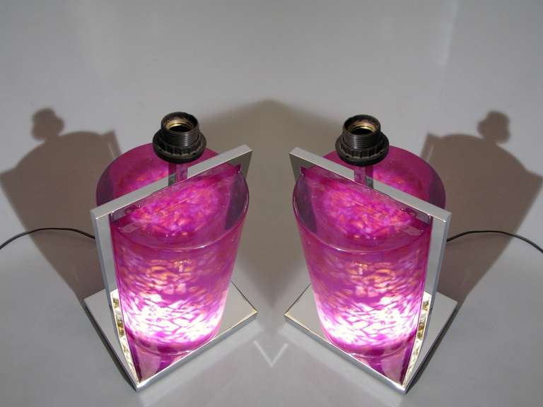 French Two Large Lighting Lamp Bases in Dark Pink Resin and Chromed Metal For Sale