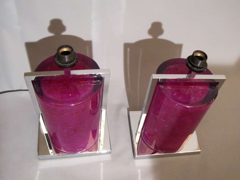 Two Large Lighting Lamp Bases in Dark Pink Resin and Chromed Metal For Sale 3