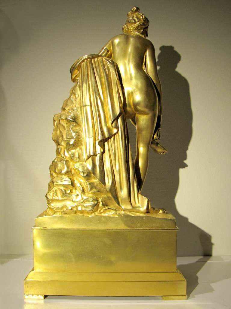 "Bath of Diane, " Important Clock in Gilded Bronze, France, 19th Century