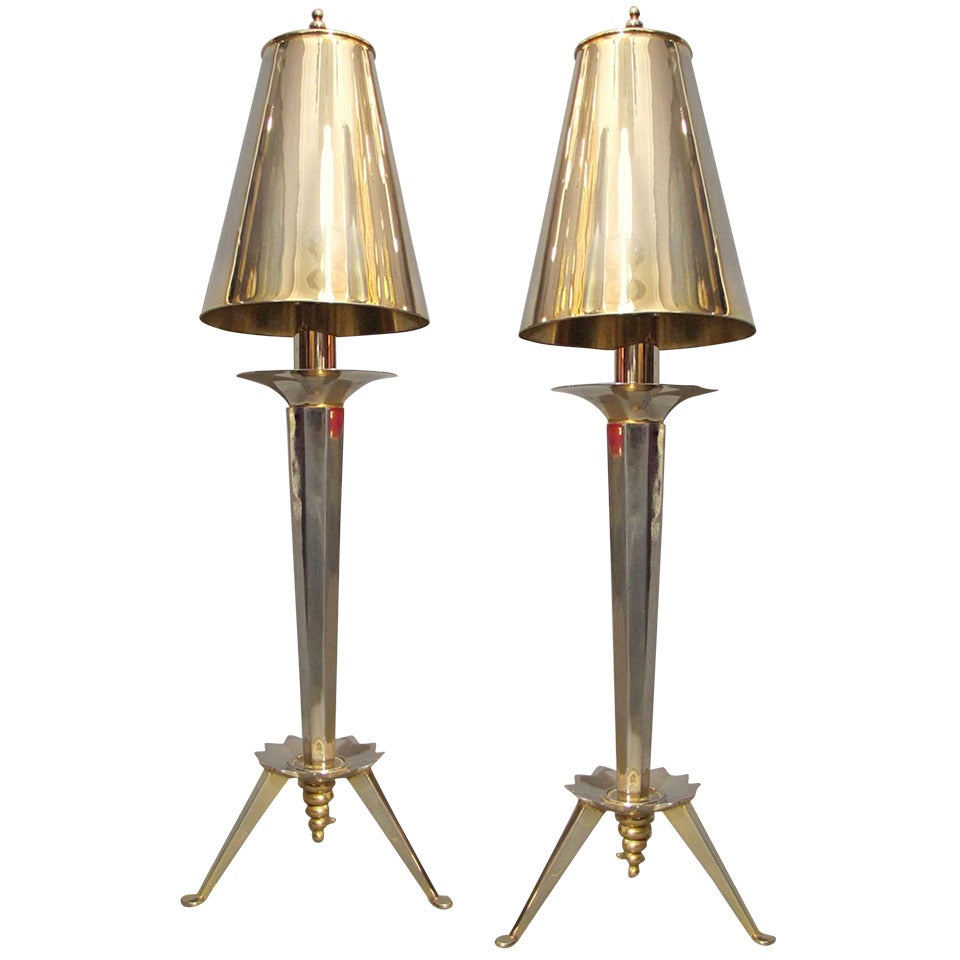 Nice Pair of 1980s Table Lamps in Gilded and Silvered Metal