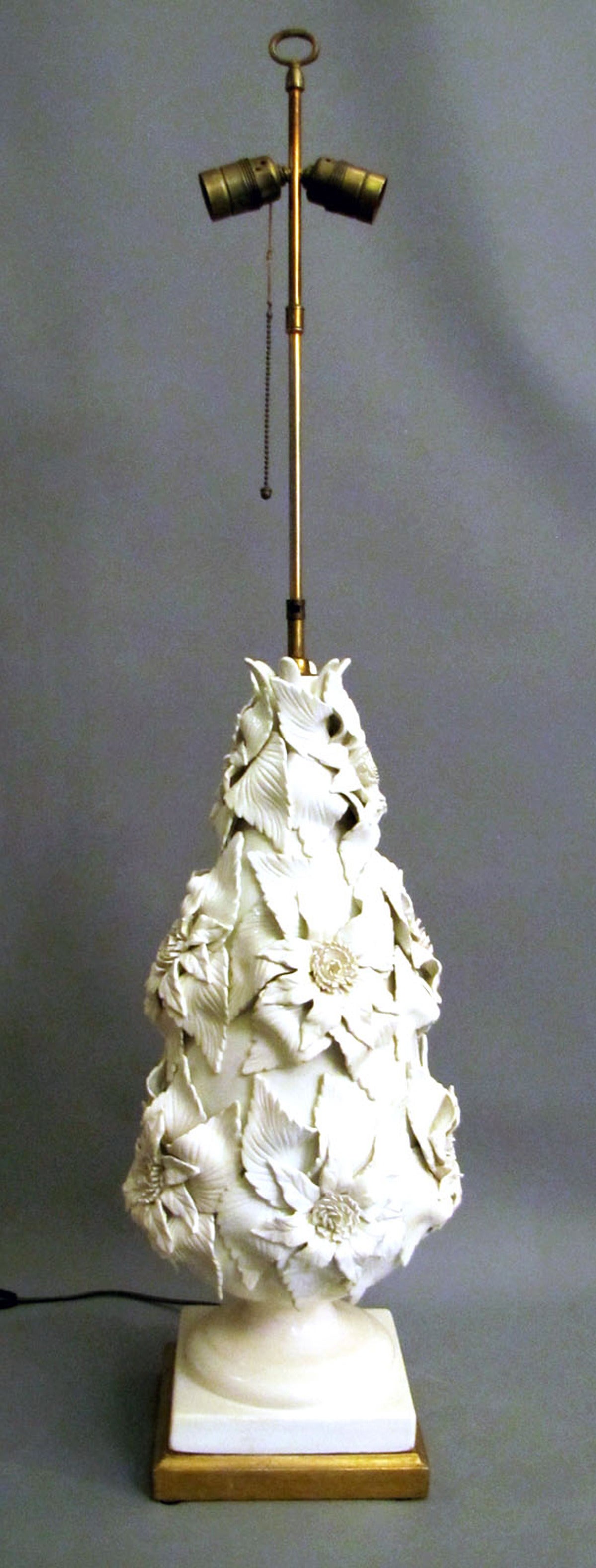 Large White Ceramic Base  Lamp On A Gilded Wood Base