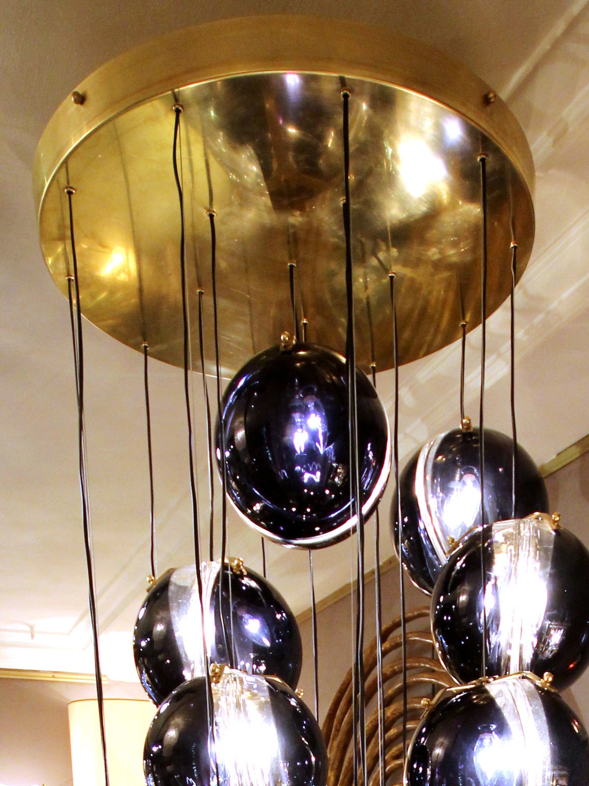 Brass 1970s Murano Chandelier with 16 Blue Glass Globes