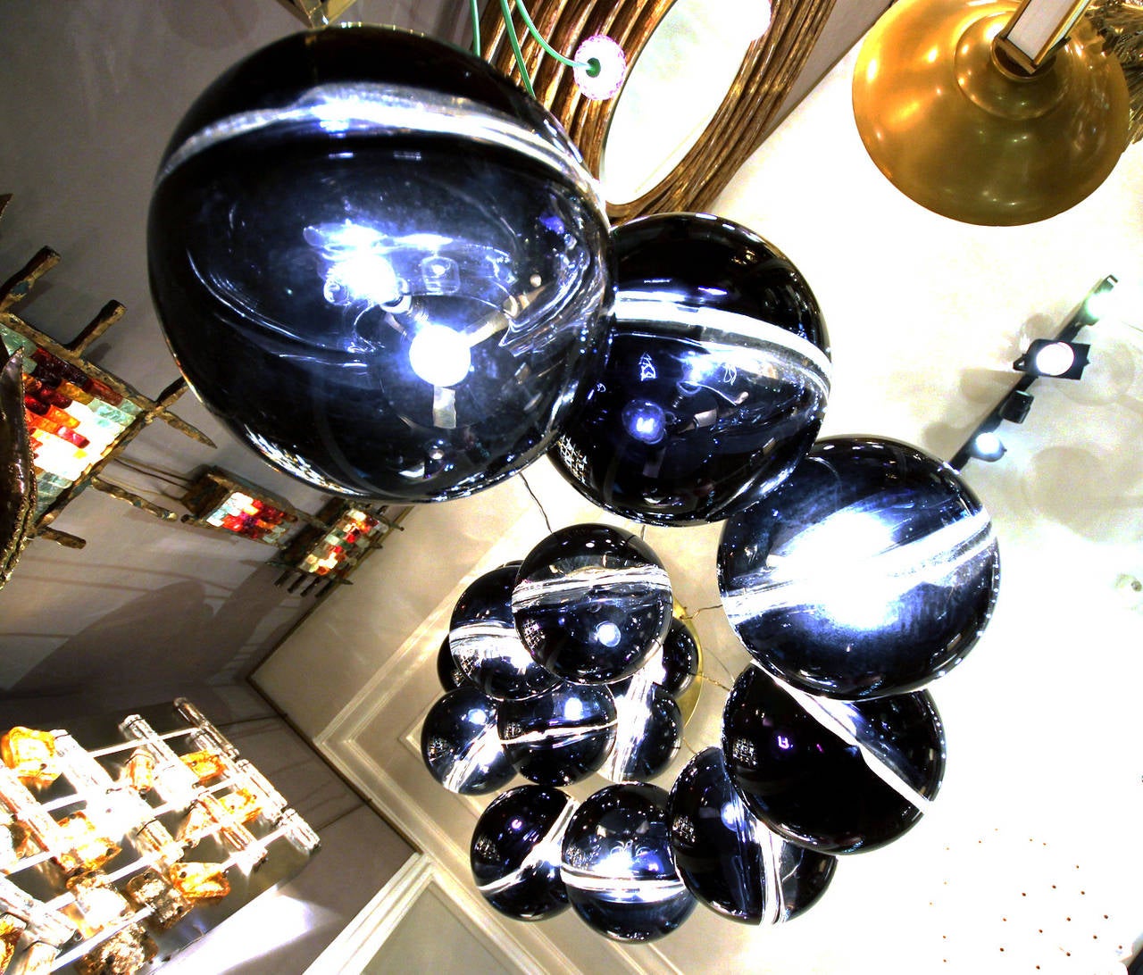 1970s Murano Chandelier with 16 Blue Glass Globes 1