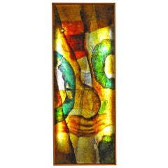 Vintage Illuminated 1970s Resin Panel with Oak Frame