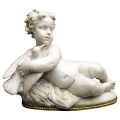 "L'enfant à l'oiseau, " Carrara Marble Sculpture by Félix Jovino