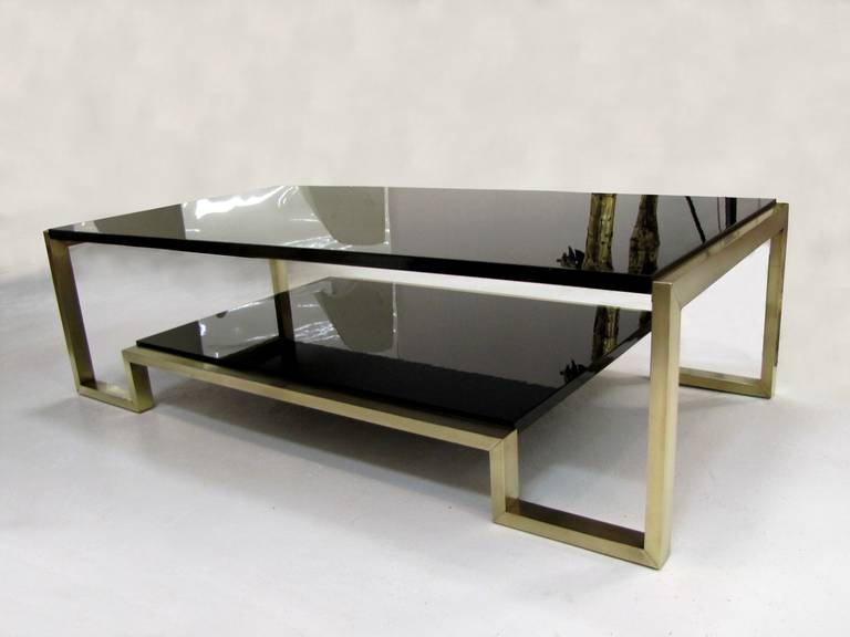 French Nice 1970s Coffee Table in Brass and Black Lacquer