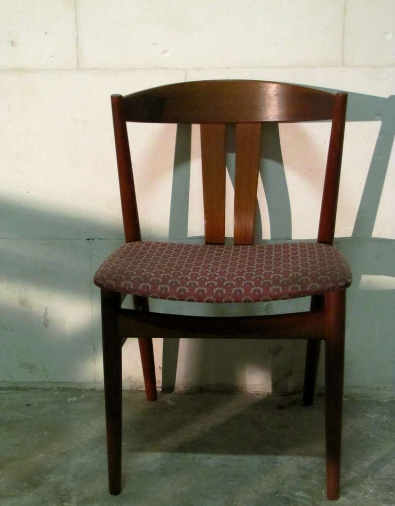 Six beautiful Danish chairs in teak, with original upholstery.