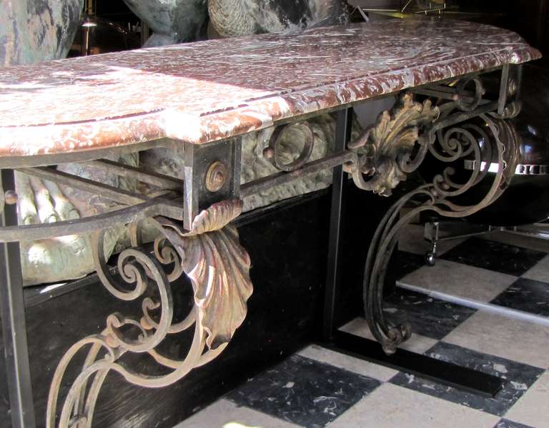 Louis XV 1940's wrought iron console with marble top