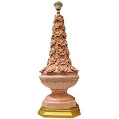 Large 1960's Lamp In Pink Ceramic With A Gilt Wooden Base.