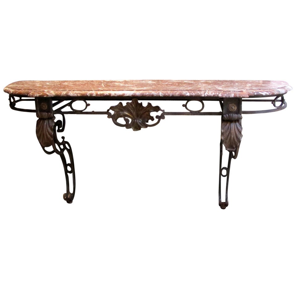 1940's wrought iron console with marble top