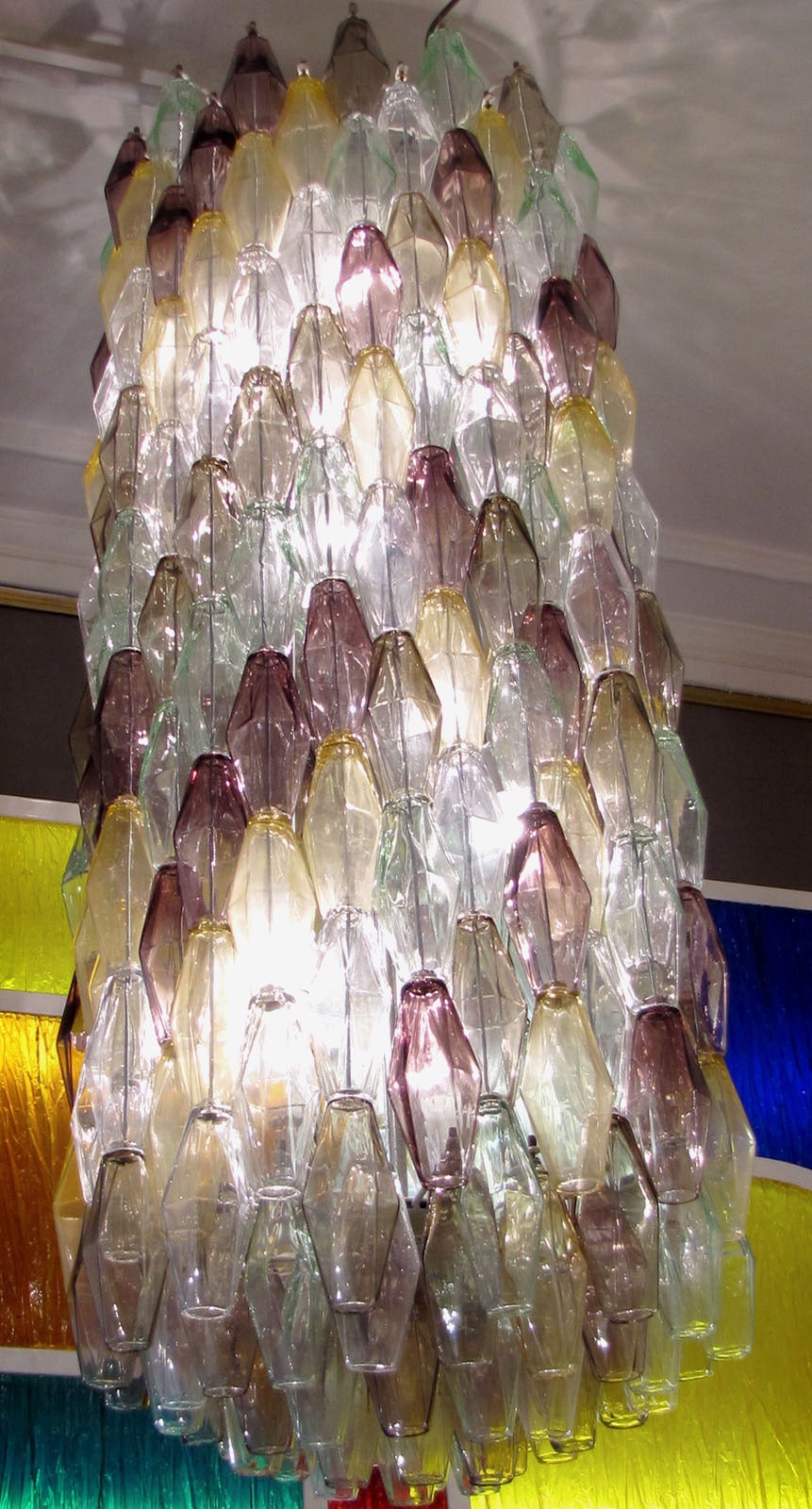 Important large polyhedral Chandelier by Venini in five colors; amethyst, yellow, clear, green and smoked grey.
