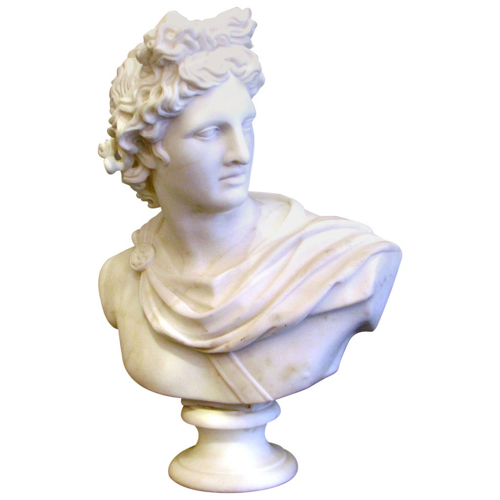 Large Beautiful Apollo Bust in Carrara Marble, after the Antique