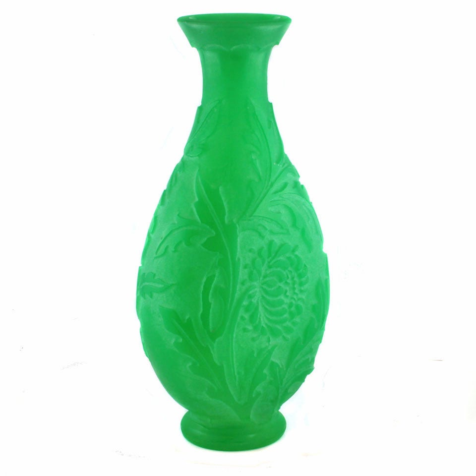 Steuben Green Jade Cameo Cut Vase In Excellent Condition In Litchfield, CT