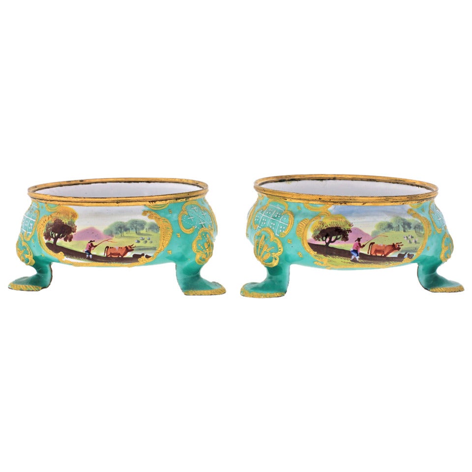 Pair of Bilston Battersea Open Salts