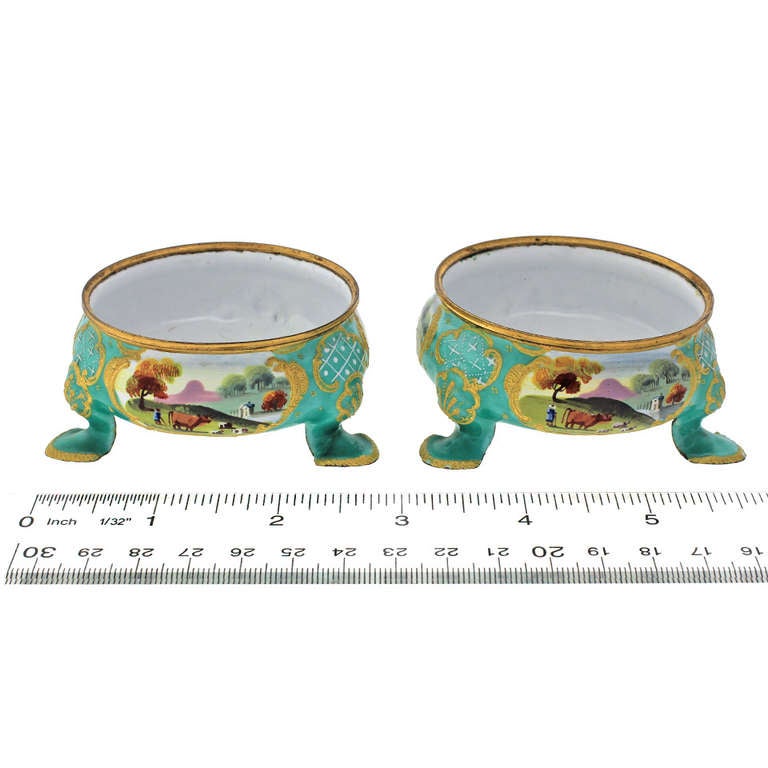 Enamel Pair of Bilston Battersea Open Salts