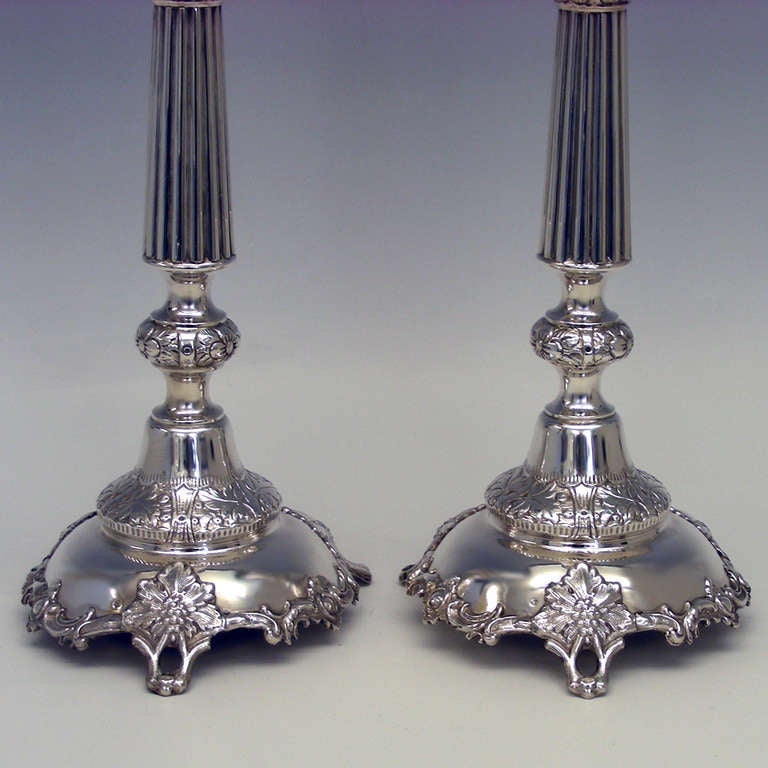 Pair of Tall Russian Silver Candlesticks In Excellent Condition In Litchfield, CT