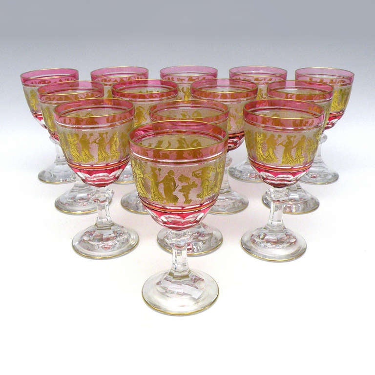 13 Val St. Lambert Danse de Flore Ruby Water Goblets In Excellent Condition In Litchfield, CT