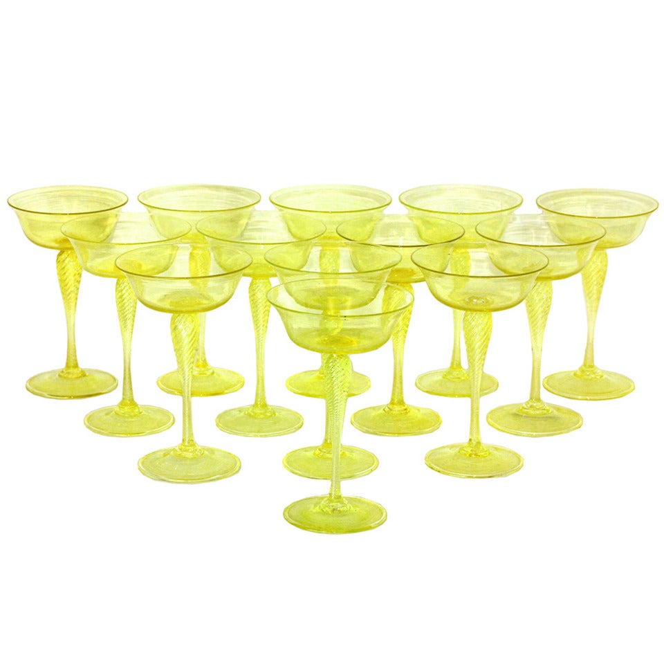 Set of 13 Yellow Venetian Champagnes, Stemware