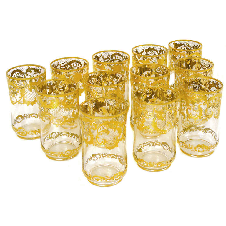 Twelve Raised Gold Tumblers by Josephine Hutte, Stemware In Excellent Condition In Litchfield, CT