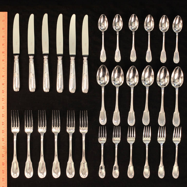 Elegant Sterling Flatware Set for 6 by Ercuis of Paris in Empire Pattern In Excellent Condition In Litchfield, CT