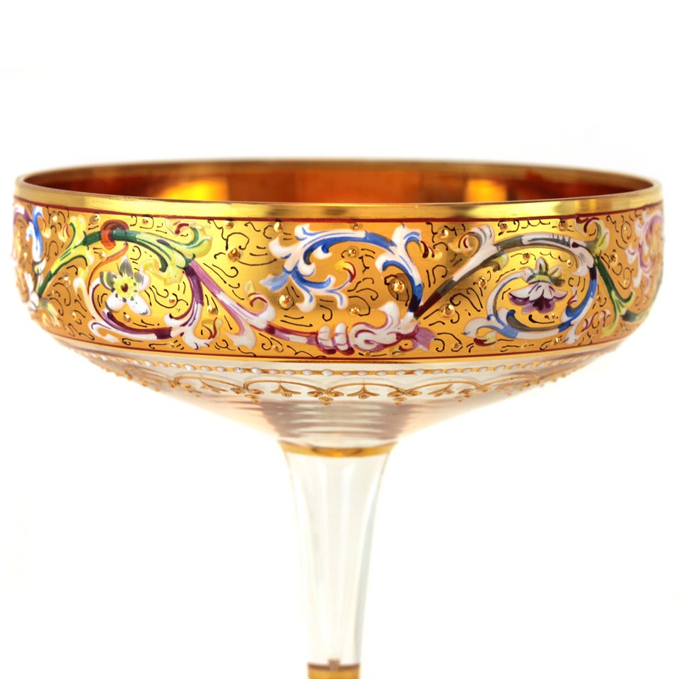 Austrian 12 Moser Enameled Hollowstem Champagnes