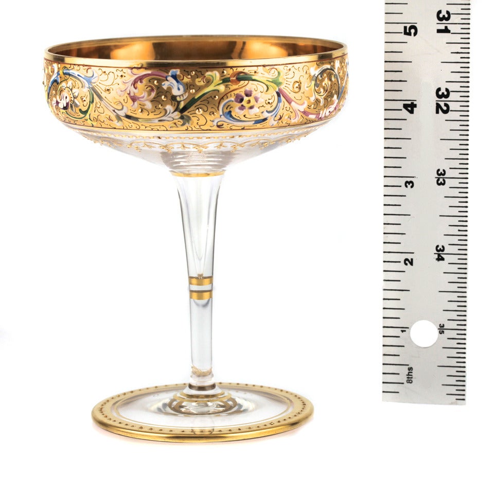 Late 19th Century 12 Moser Enameled Hollowstem Champagnes