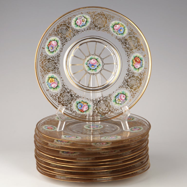 12 Antique Moser Gilt and Enamel Chargers