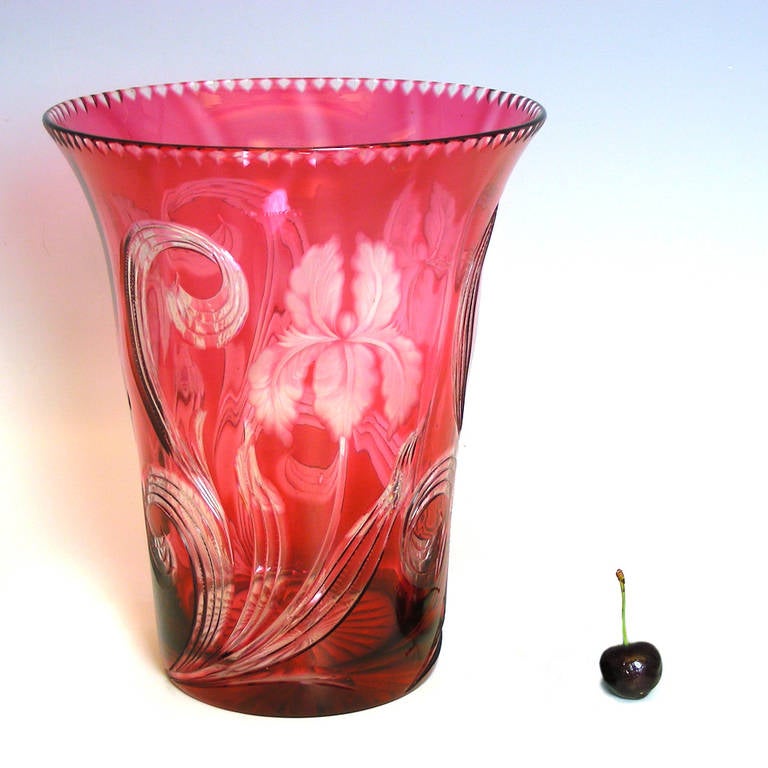 Art Deco Stevens & Williams Cranberry Cut-to-Clear Crystal Vase