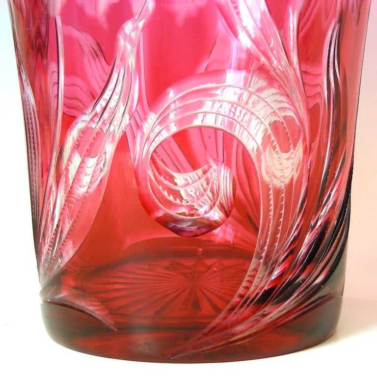 English Stevens & Williams Cranberry Cut-to-Clear Crystal Vase