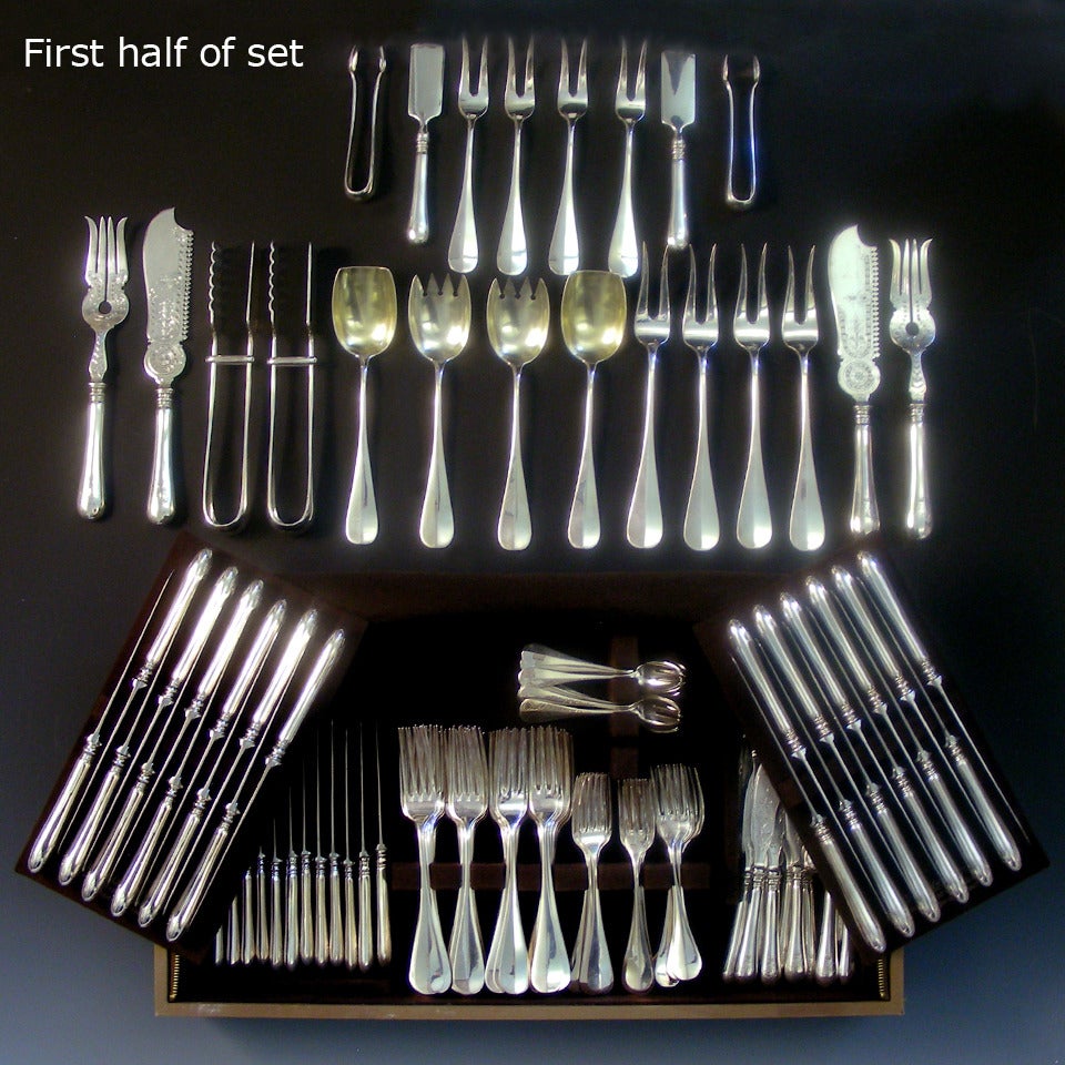 .800 fineness solid silver, circa 1830-1840 and circa 1870, two generation set, Austria. This amazing 19th-century service for 24 will perfectly complement any style of décor, antique to modern. Originally from a castle on the Swiss border, this set
