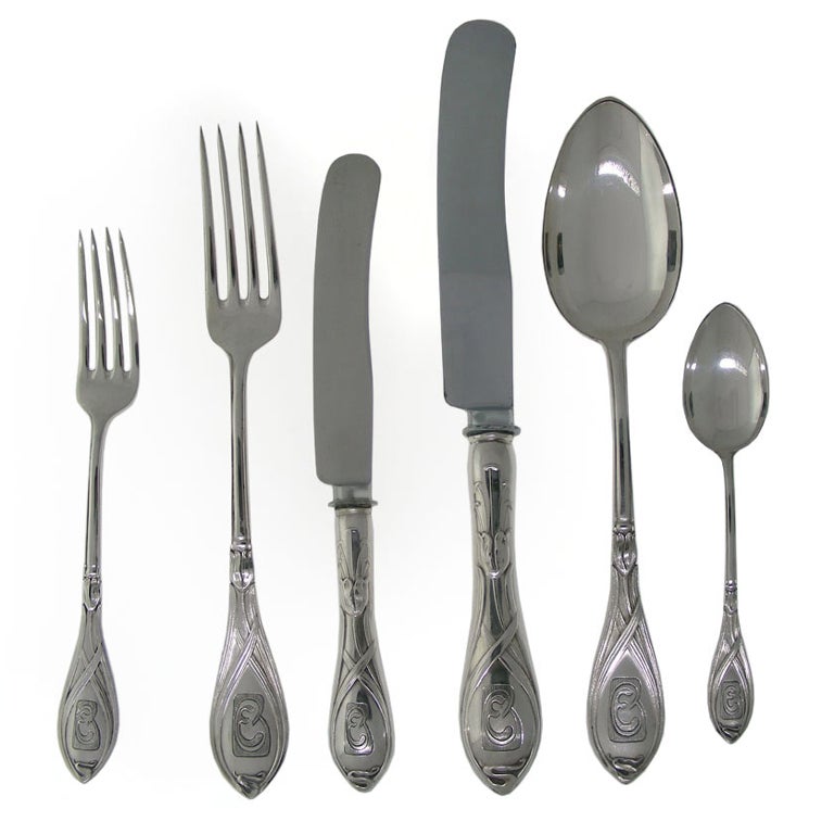 Circa 1900-05, .800 Silver, Franz Bahner, Germany. This 84-piece solid silver flatware set was made in Germany by Franz Bahner of Dusseldorf. The design is attributed to renowned Jugendstil and Modernist designer and architect Peter Behrnes.