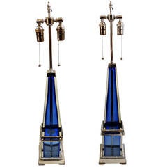 Stunning Pair Of Reto Modern Deco Blue Glass 
Silvered Bronze Two Light Lamps