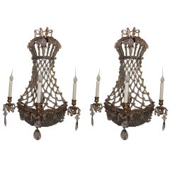 Pair of French Dore Bronze & Beaded Sconces