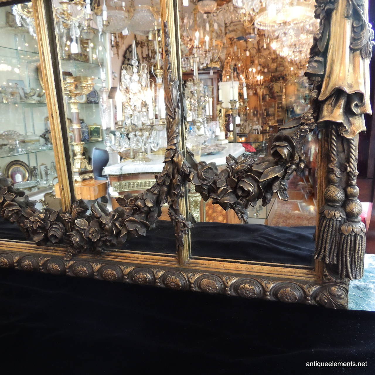 Very Fine 19th C French Gilt & Patina Window Pane Mirror Swags Tassels & Cherub In Good Condition In Roslyn, NY