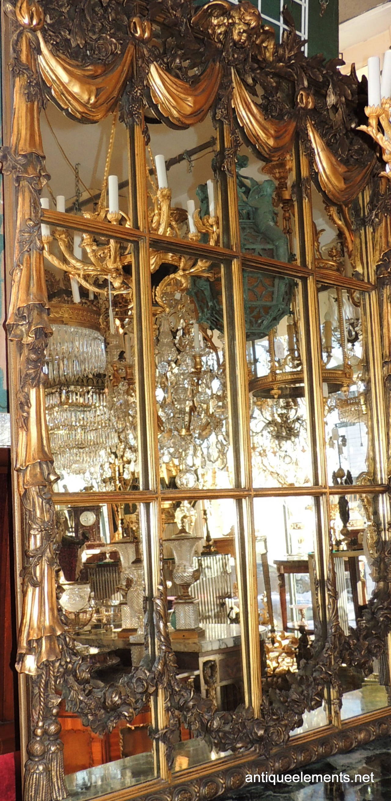 Very Fine 19th C French Gilt & Patina Window Pane Mirror Swags Tassels & Cherub 3