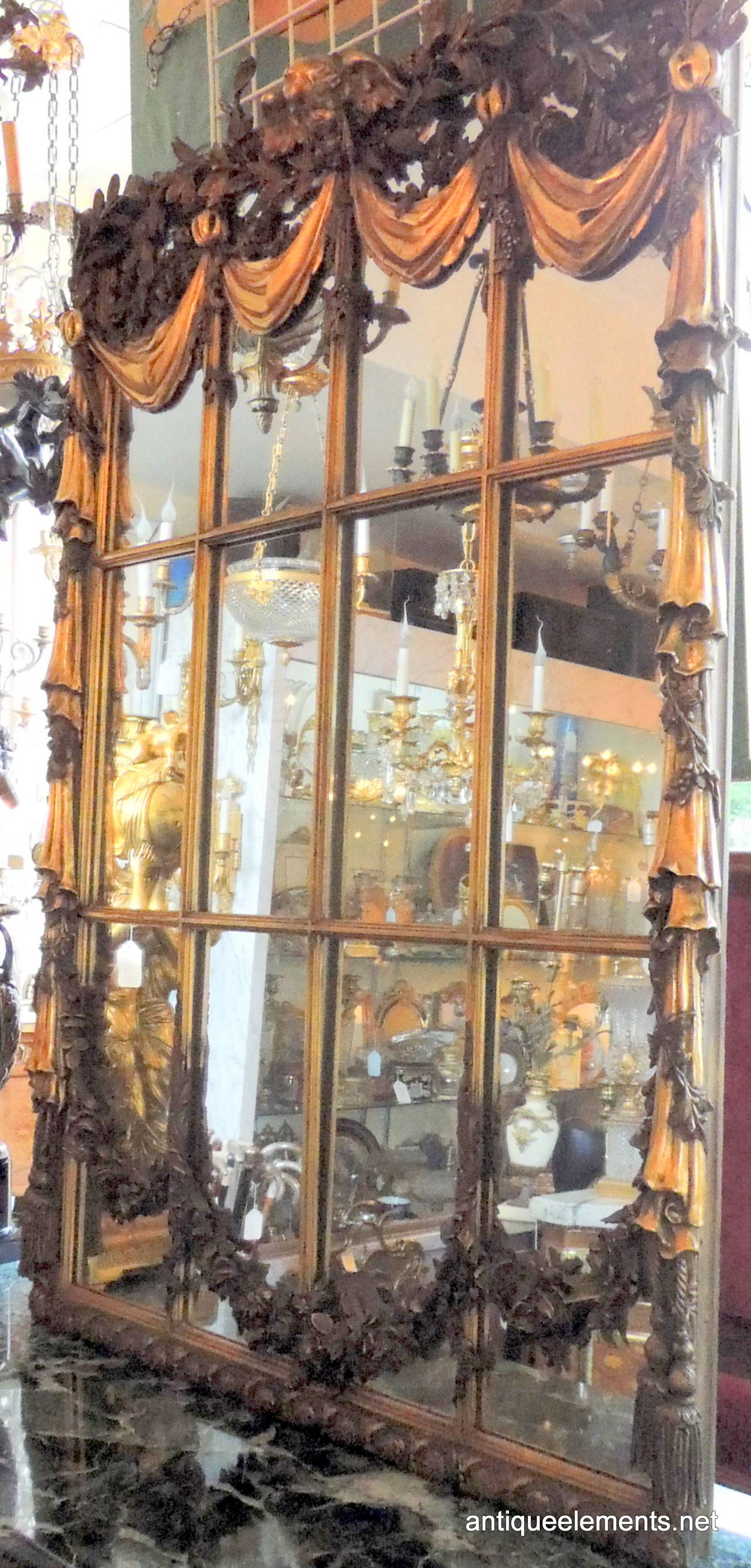 Belle Époque Very Fine 19th C French Gilt & Patina Window Pane Mirror Swags Tassels & Cherub