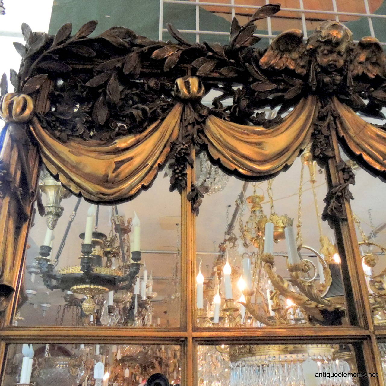 Very Fine 19th C French Gilt & Patina Window Pane Mirror Swags Tassels & Cherub 2