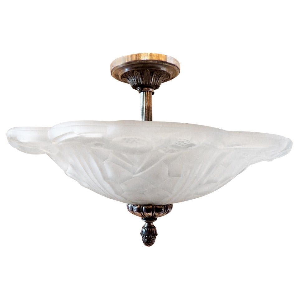Wonderful French Art Deco Silvered Bronze and Art Glass Flush Mount Fixture For Sale