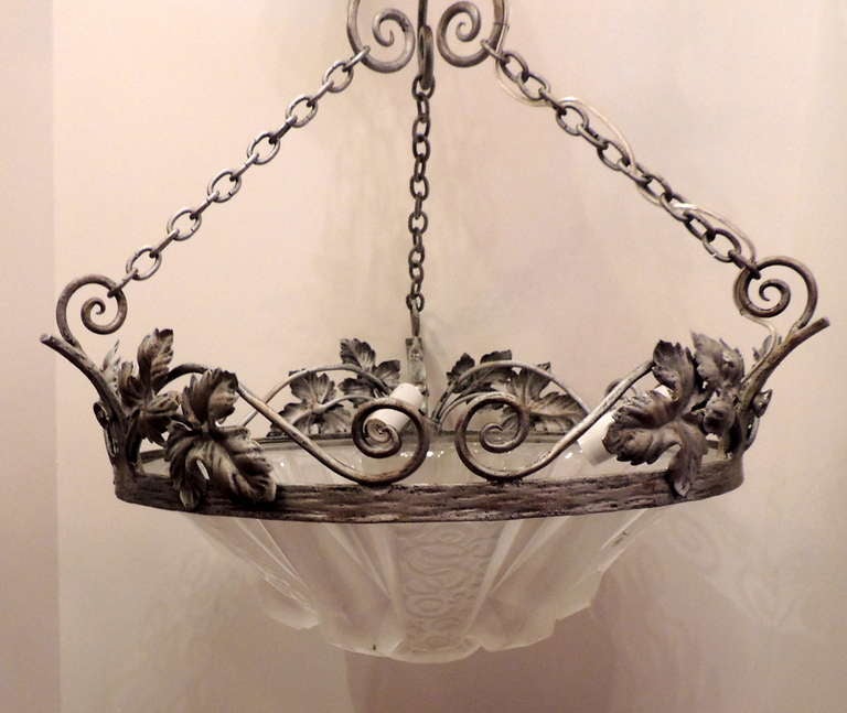 Wonderful French Art Deco Silvered Iron and Glass Fixture Signed Muller Frères In Good Condition For Sale In Roslyn, NY