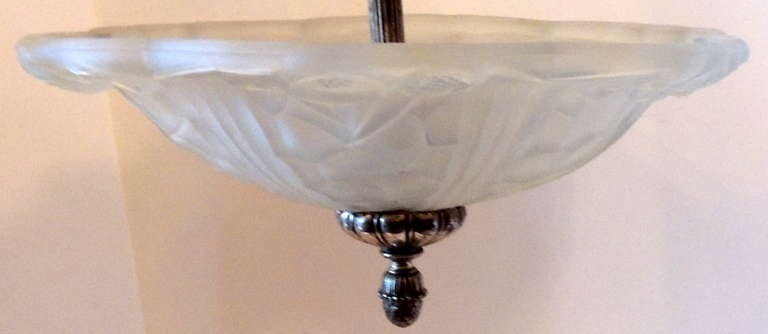 20th Century Wonderful French Art Deco Silvered Bronze and Art Glass Flush Mount Fixture For Sale
