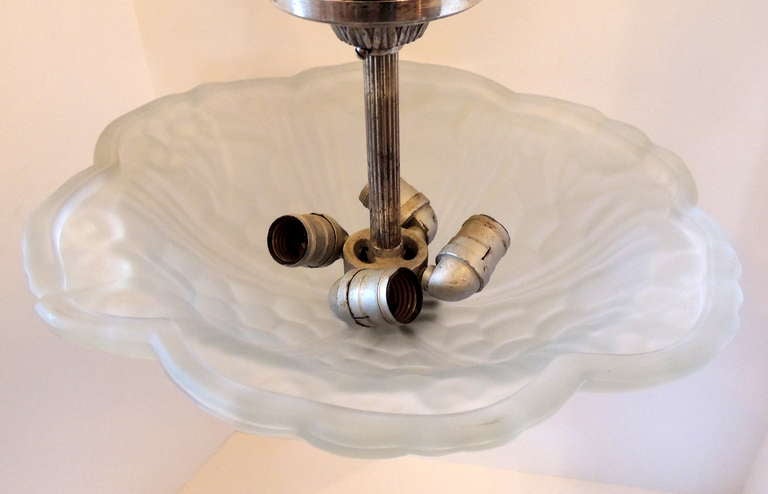 Wonderful French Art Deco Silvered Bronze and Art Glass Flush Mount Fixture For Sale 1
