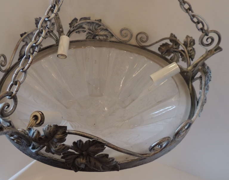 Wonderful French Art Deco Silvered Iron and Glass Fixture Signed Muller Frères For Sale 2
