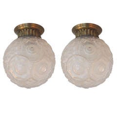 A Wonderful Pair Of French Art Deco Glass Globe Flushmount Fixtures