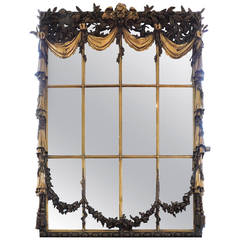 Antique Very Fine 19th C French Gilt & Patina Window Pane Mirror Swags Tassels & Cherub