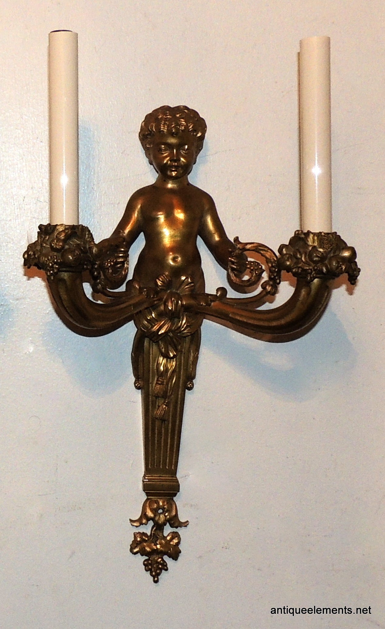 Belle Époque Wonderful Pair of French Doré Bronze Cherub Putti Figural Two-Arm Sconces