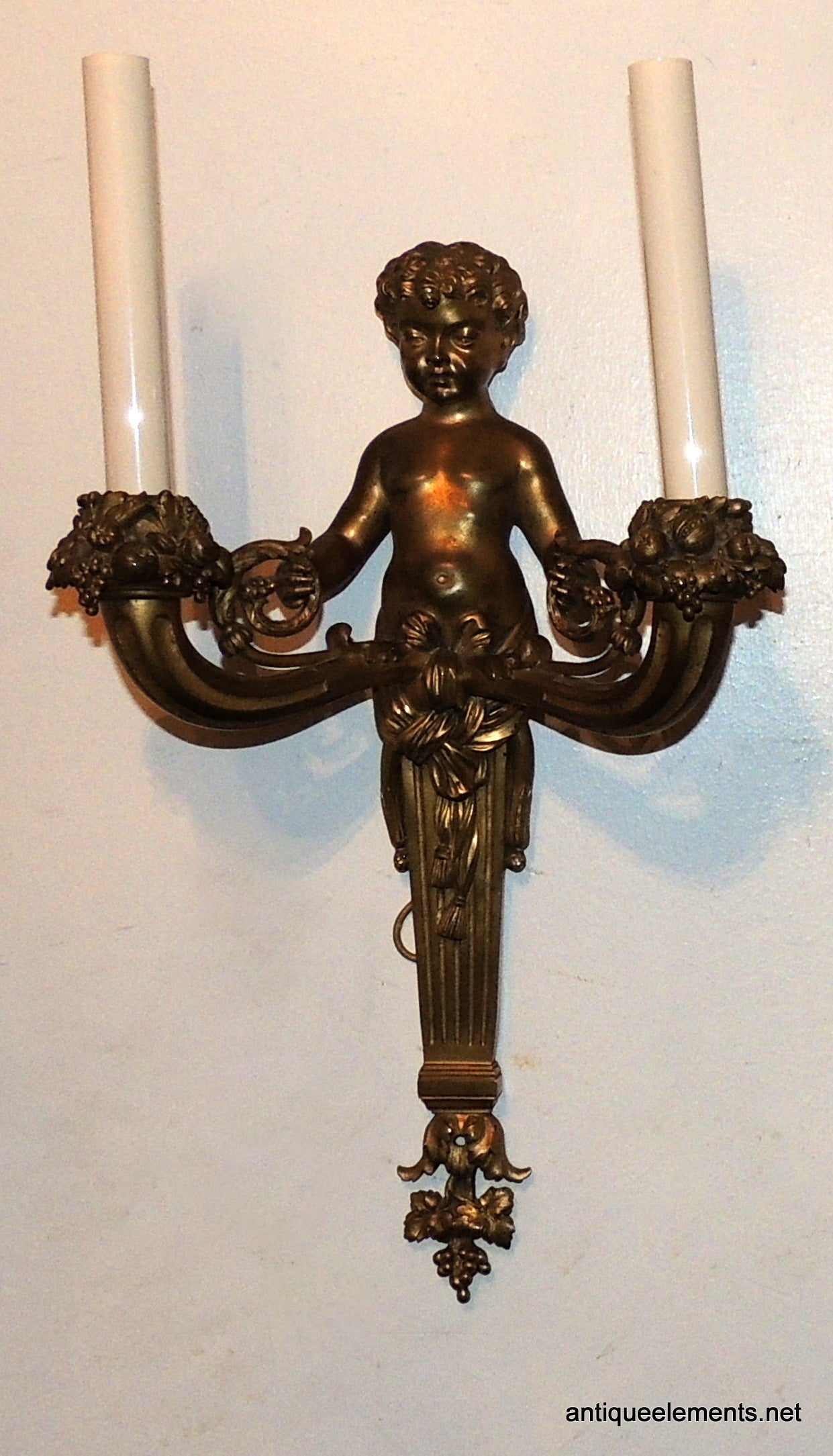 Early 20th Century Wonderful Pair of French Doré Bronze Cherub Putti Figural Two-Arm Sconces