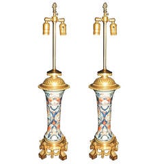 Stunning Pair of Imari & French Ormolu Dore Bronze-Mounted Hand-Painted Lamps