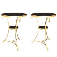 Pair of French Dore Bronze Gueridon Side Tables with Black Marble Tops