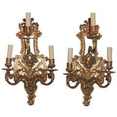 Very Fine French Pair of Doré Bronze Three-Arm Figural Sconces 9