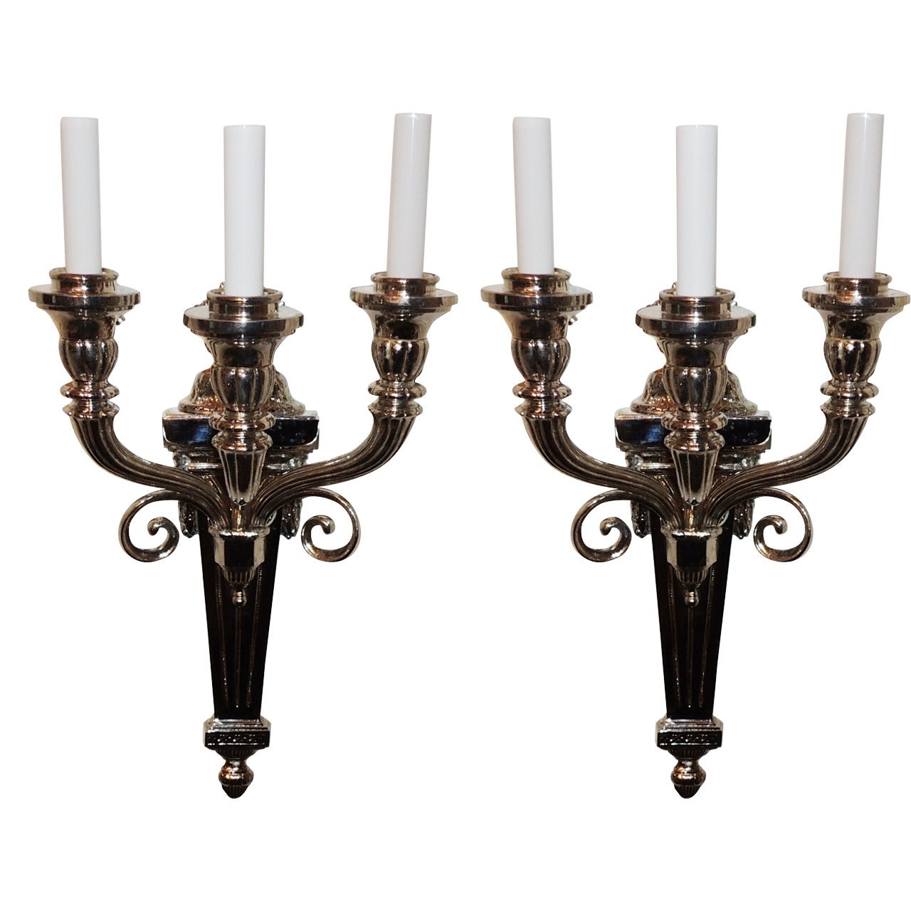 Neoclassical Nickel-Plated Three-Arm Sconces Attributed to Caldwell For Sale